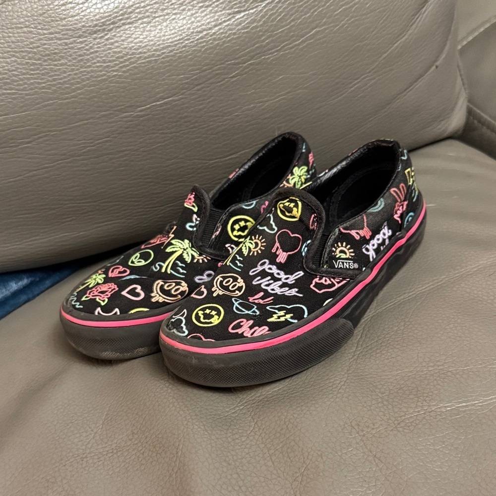 Vans Kids Black Slip-On Sneakers with Neon Design size 12